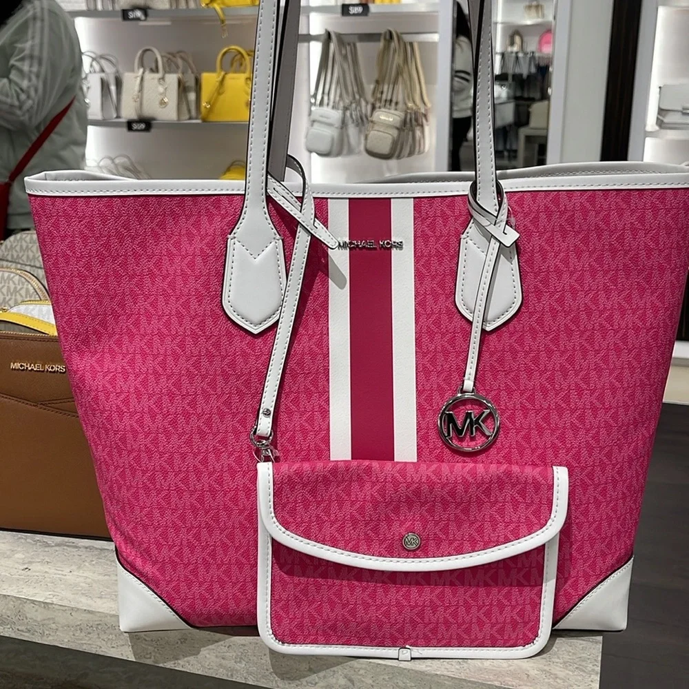 Michael Kors Eva Large Signature Logo Stripe Shoulder Tote Bag Dragonfruit 
NWT - Picture 16 of 16